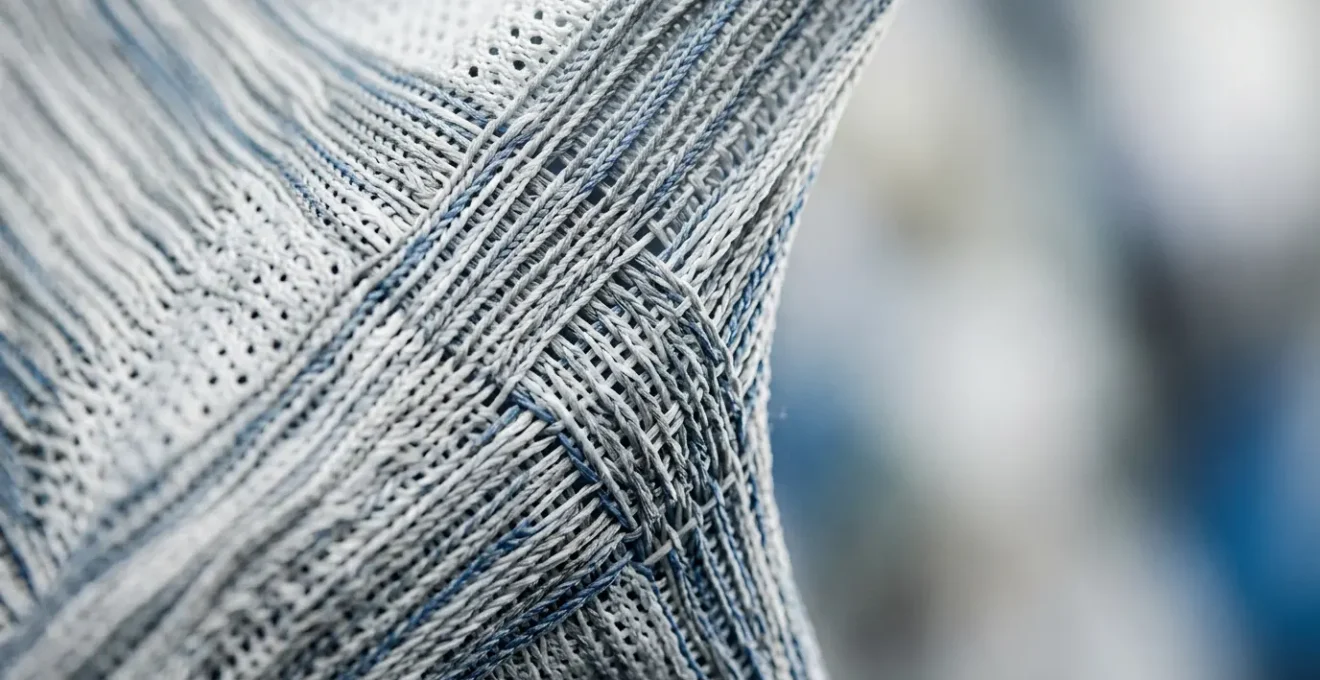 Gros plan sur un textile technique de tennis en mouvement, révélant sa structure tridimensionnelle et ses fibres performantes