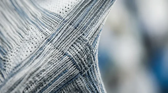 Gros plan sur un textile technique de tennis en mouvement, révélant sa structure tridimensionnelle et ses fibres performantes