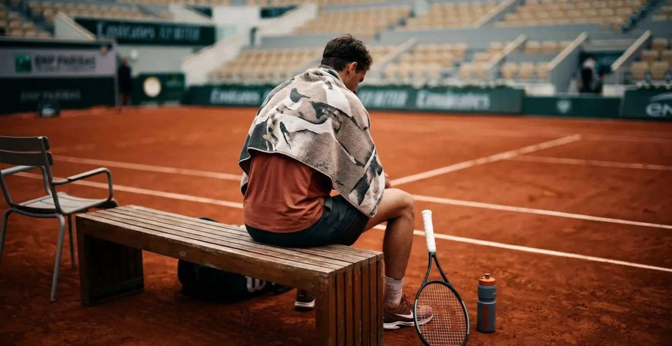 Joueur de tennis assis pendant le changement de côté, moment de récupération et réinitialisation mentale
