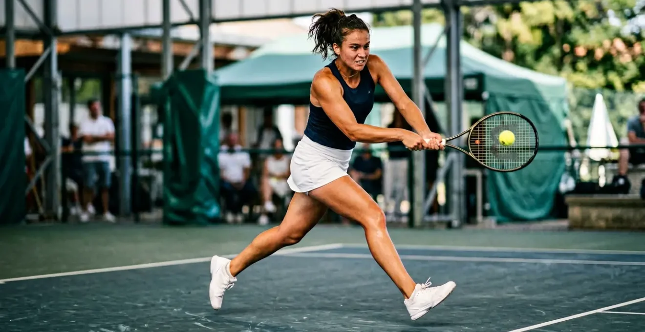 Joueur de tennis en pleine action lors d'un match de compétition sur court en dur