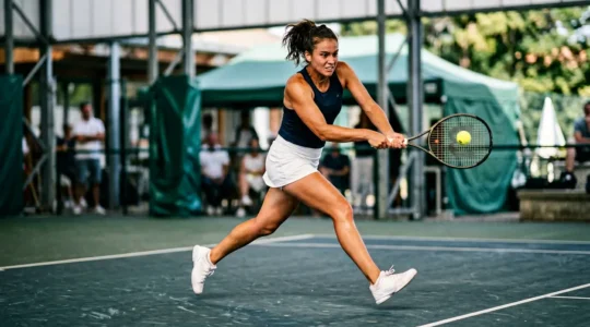 Joueur de tennis en pleine action lors d'un match de compétition sur court en dur