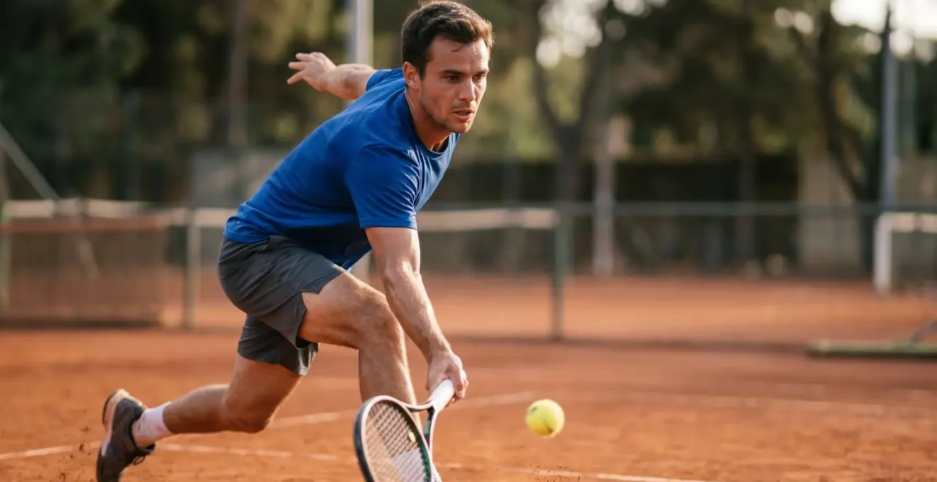 Joueur de tennis en plein effort illustrant l'entraînement fractionné naturel et le HIIT