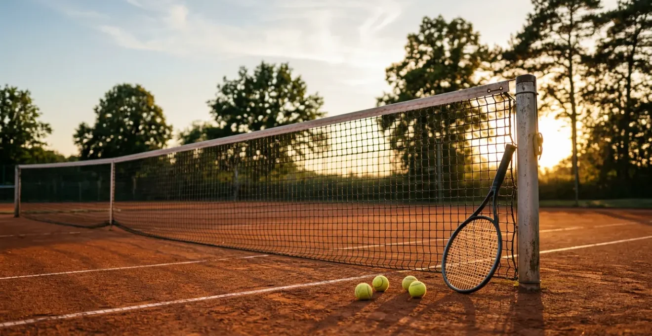 Court de tennis en terre battue avec équipement adapté et joueurs pratiquant une activité tennis santé
