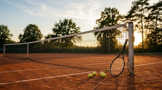 Court de tennis en terre battue avec équipement adapté et joueurs pratiquant une activité tennis santé