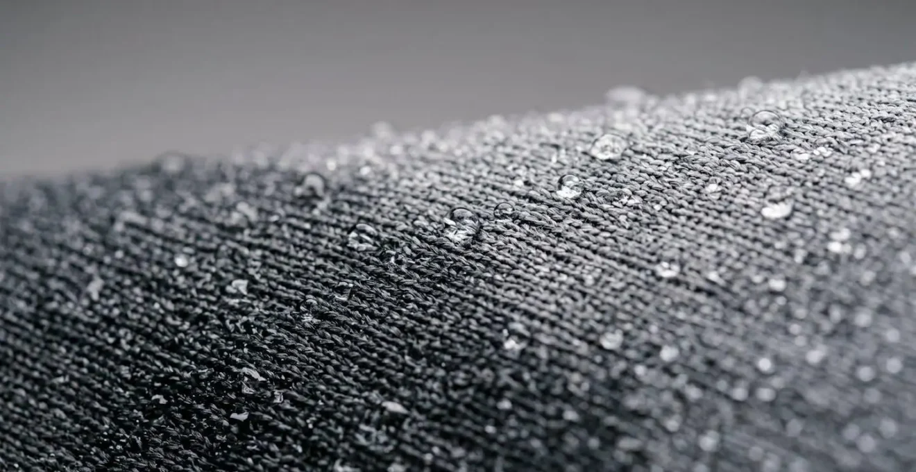 Vue macro d'un tissu technique de tennis montrant la structure des fibres et les gouttes d'eau en cours d'évaporation