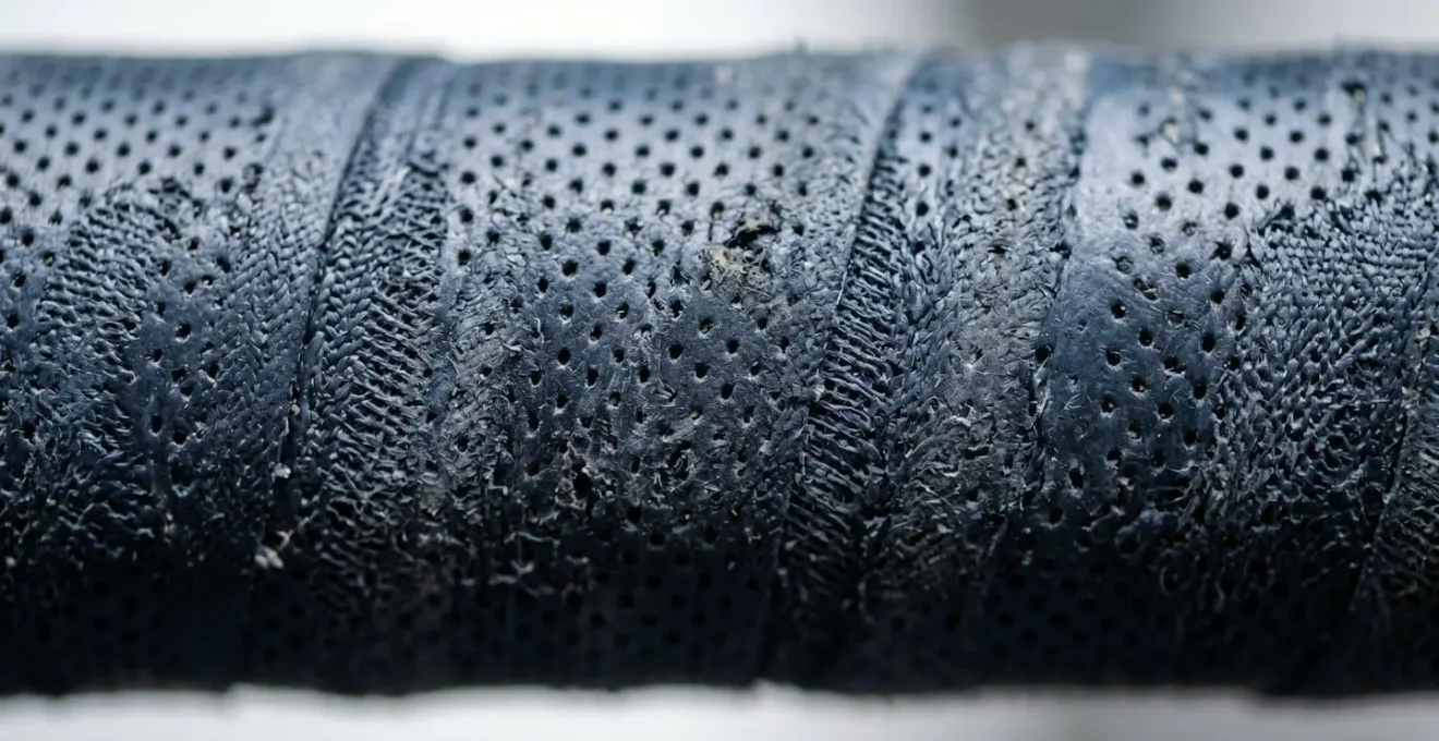 Vue macro détaillée de la texture perforée d'un surgrip de tennis, montrant les micro-perforations et le grain pour l'absorption de la transpiration