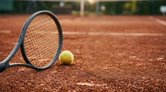 Surface de frappe d'une raquette de tennis avec cordes tendues et balles de tennis, illustrant la relation entre la taille du tamis et la performance