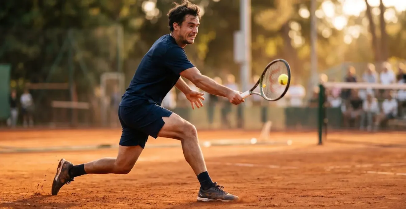 Séquence photographique montrant le transfert du poids du corps d'un joueur de tennis lors d'un coup droit, de la préparation à la fin du geste