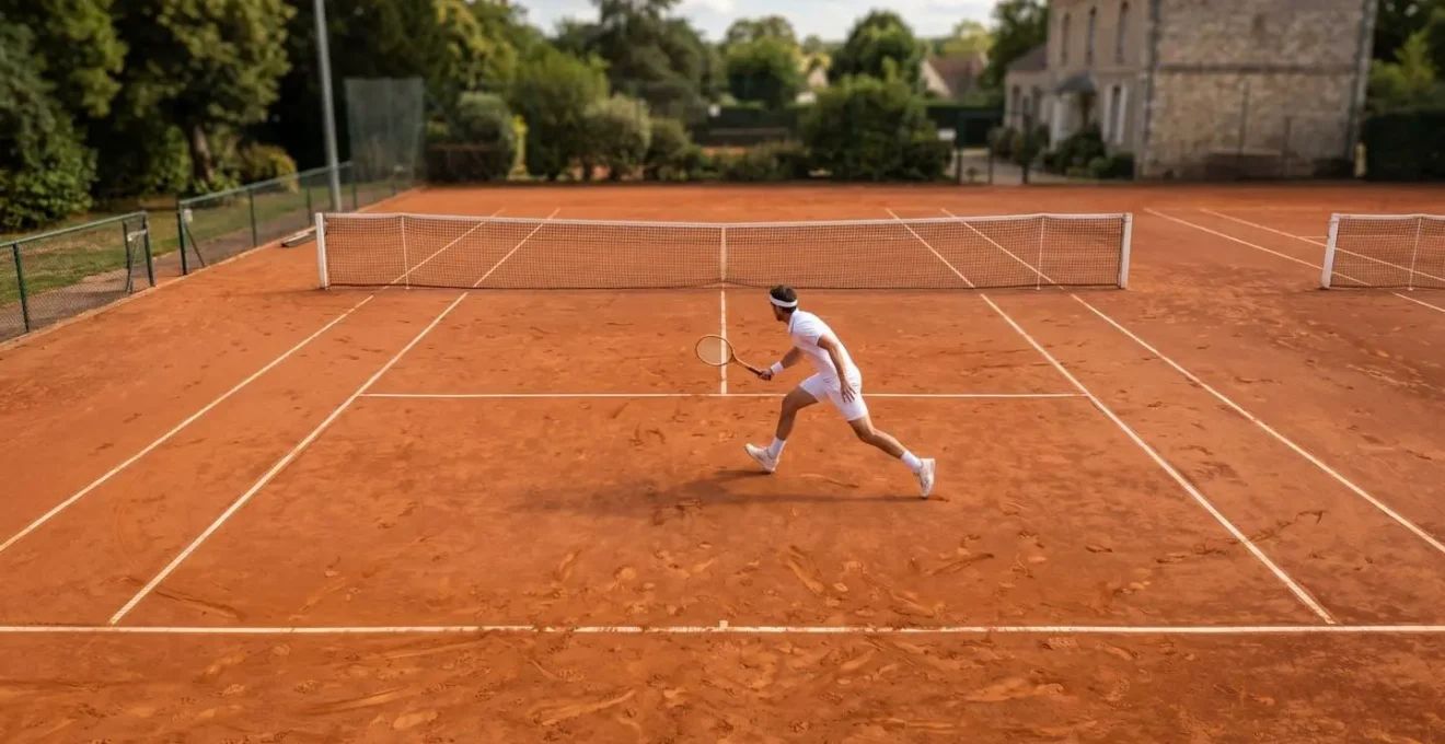 Vue en plongée d'une séquence de transition du fond de court vers le filet sur terre battue
