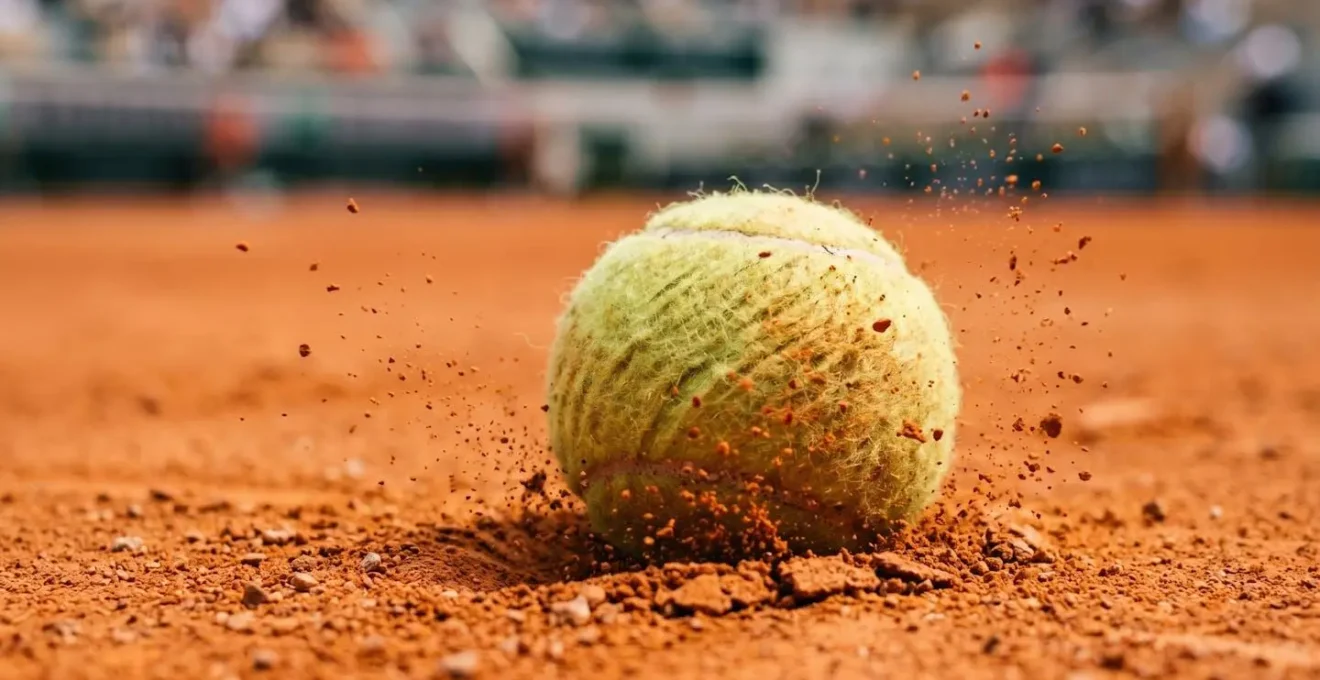 Balle de tennis haute liftée rebondissant sur la terre battue orange de Roland-Garros avec effet visible