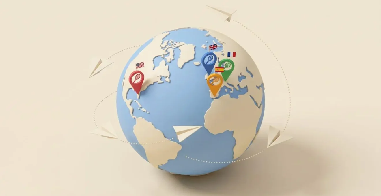 Illustration 3D isométrique d'un globe terrestre minimaliste avec quatre épingles colorées marquant USA, Royaume-Uni, Espagne et France, reliées par des avions en papier origami sur trajectoires pointillées