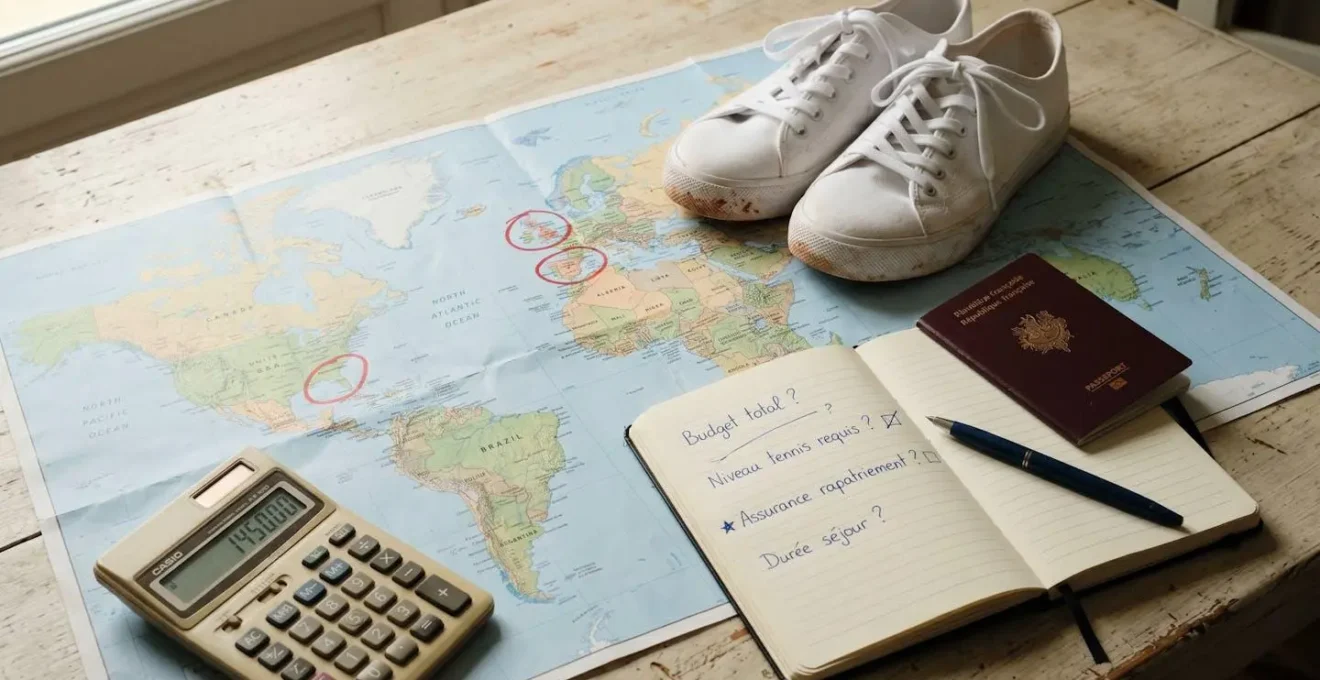 Nature morte documentaire montrant carte du monde avec destinations entourées en rouge, chaussures de tennis neuves, passeport français, carnet avec checklist manuscrite en français et calculatrice sur table en bois clair