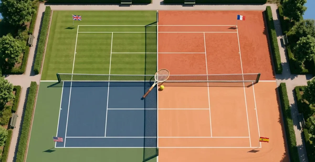 Vue aérienne symétrique d'un court de tennis divisé en quatre quadrants de couleurs différentes (rouge, vert, bleu, orange) symbolisant quatre destinations internationales, avec raquette et balle au centre et drapeaux USA, UK, Espagne et France aux coins