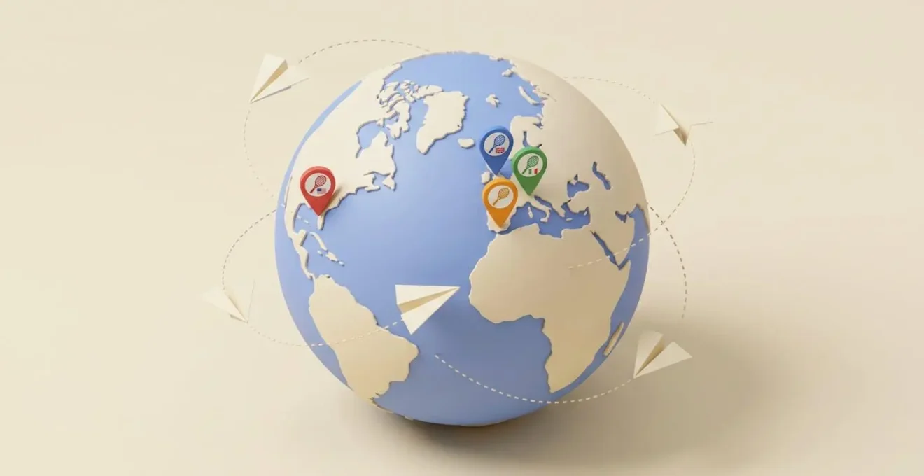 Illustration 3D isométrique d'un globe terrestre minimaliste avec quatre épingles colorées marquant USA, Royaume-Uni, Espagne et France, reliées par des avions en papier origami sur trajectoires pointillées