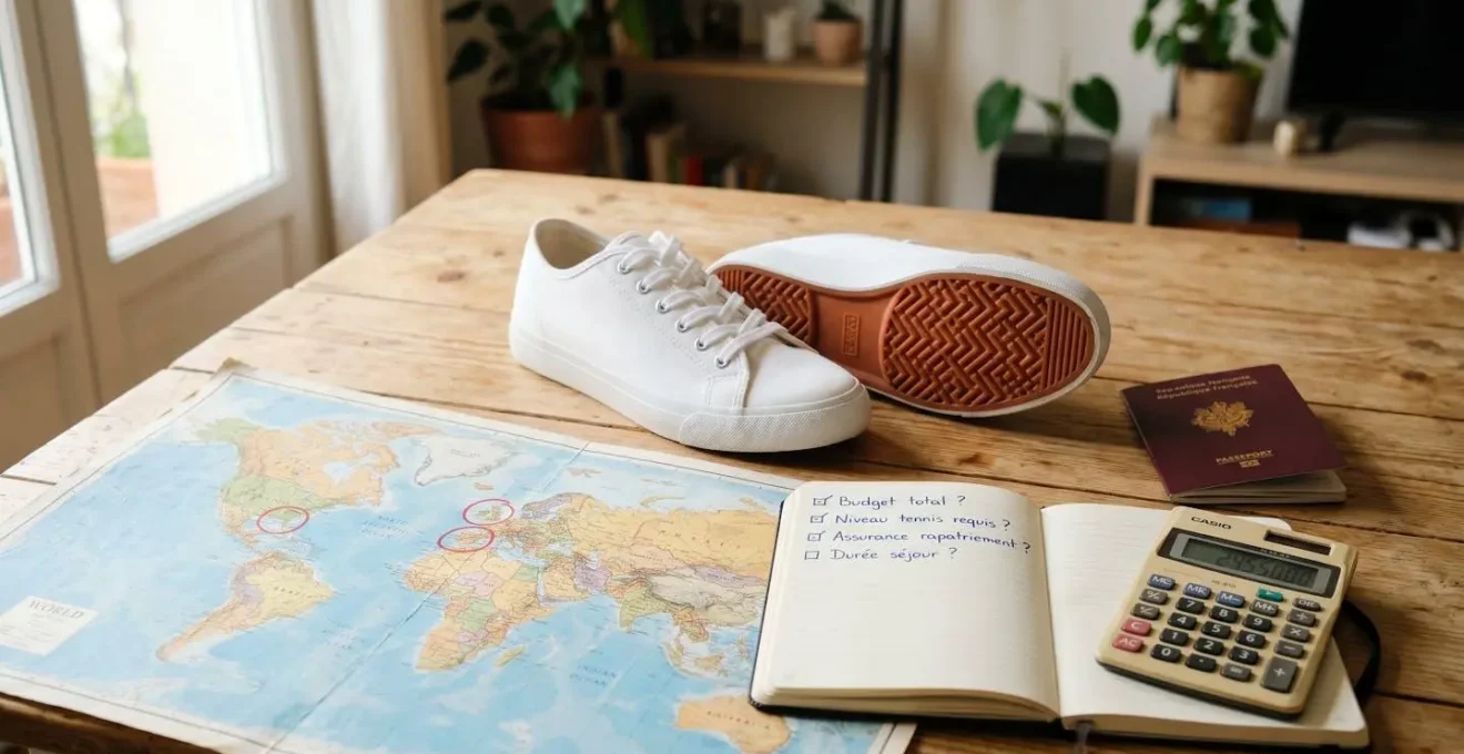 Nature morte documentaire montrant carte du monde avec destinations entourées en rouge, chaussures de tennis neuves, passeport français, carnet avec checklist manuscrite en français et calculatrice sur table en bois clair