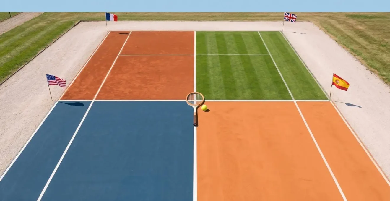 Vue aérienne symétrique d'un court de tennis divisé en quatre quadrants de couleurs différentes (rouge, vert, bleu, orange) symbolisant quatre destinations internationales, avec raquette et balle au centre et drapeaux USA, UK, Espagne et France aux coins