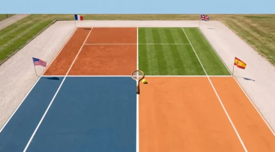 Vue aérienne symétrique d'un court de tennis divisé en quatre quadrants de couleurs différentes (rouge, vert, bleu, orange) symbolisant quatre destinations internationales, avec raquette et balle au centre et drapeaux USA, UK, Espagne et France aux coins