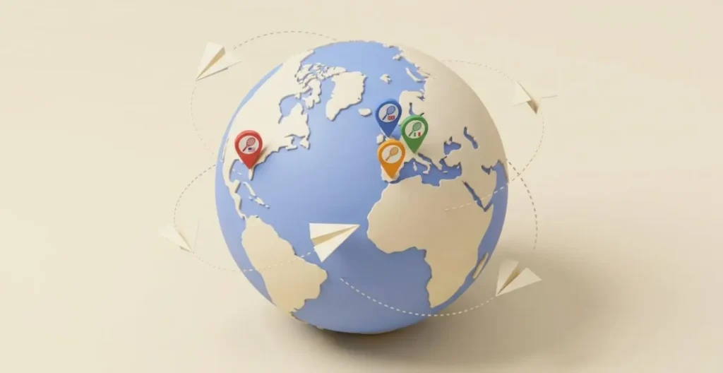 Illustration 3D isométrique d'un globe terrestre minimaliste avec quatre épingles colorées marquant USA, Royaume-Uni, Espagne et France, reliées par des avions en papier origami sur trajectoires pointillées Illustration 3D isométrique d'un globe terrestre minimaliste avec quatre épingles colorées marquant USA, Royaume-Uni, Espagne et France, reliées par des avions en papier origami sur trajectoires pointillées