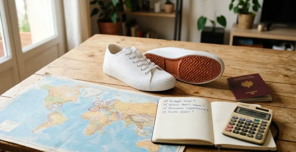 Nature morte documentaire montrant carte du monde avec destinations entourées en rouge, chaussures de tennis neuves, passeport français, carnet avec checklist manuscrite en français et calculatrice sur table en bois clair Nature morte documentaire montrant carte du monde avec destinations entourées en rouge, chaussures de tennis neuves, passeport français, carnet avec checklist manuscrite en français et calculatrice sur table en bois clair